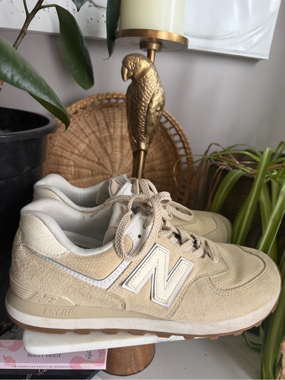 New Balance Beige Angora Suede Perforated Gum Sole Classic 574 Sneakers Size 11